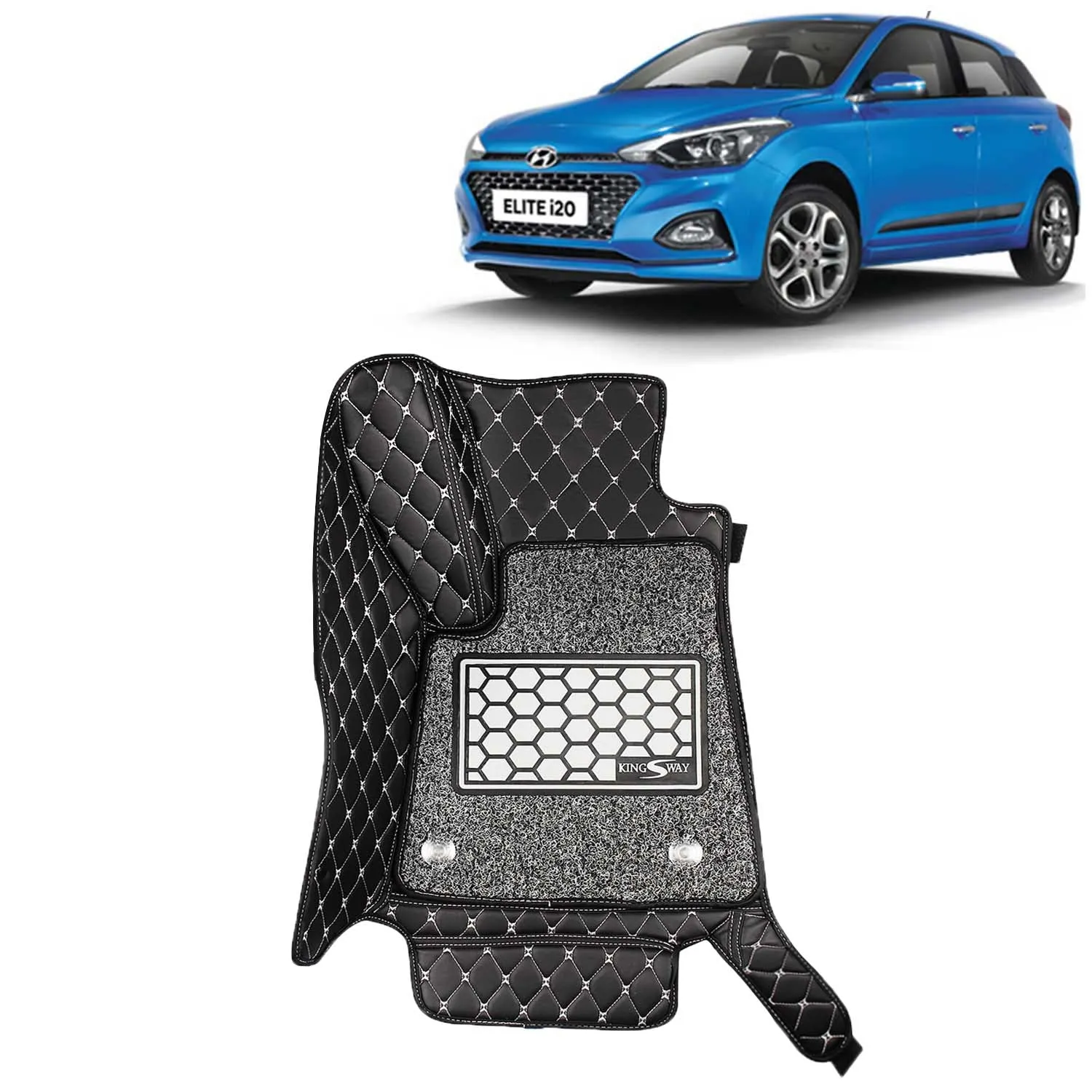 KINGSWAY® Elite I20 7D Car Mat for (Year 2018 to 2020), Compatible with Hyundai Elite I20 Car Floor Mats, Complete Set of 3 Pieces, Top-Notch PU Leatherette 7D Foot Mats, Washable, Black