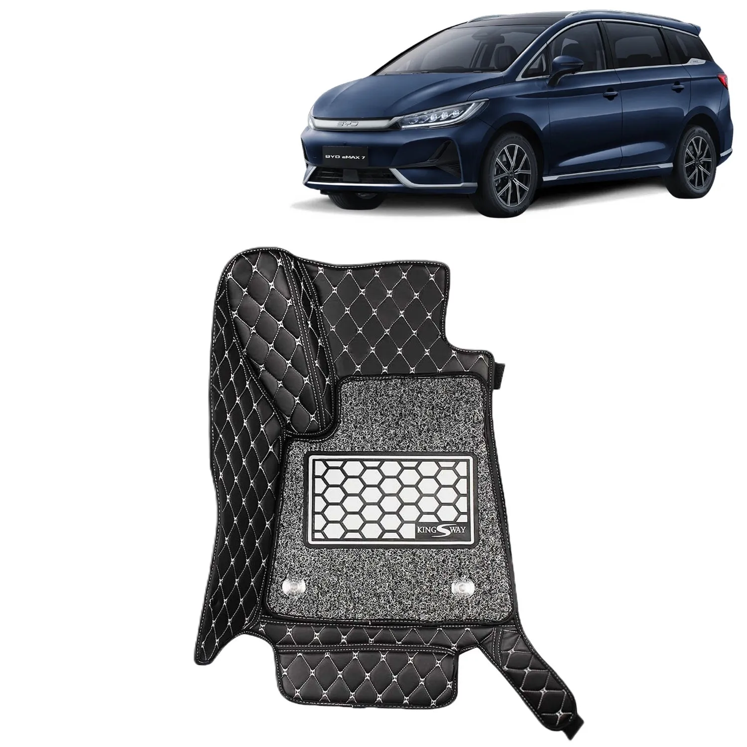 KINGSWAY® eMAX7 7D Car Mat for (Year 2024 Onwards), Compatible with BYD eMAX7 6 Seater Car Floor Mats, Complete Set of 4 Pieces, Top-Notch PU Leatherette 7D Foot Mats, Washable, Black
