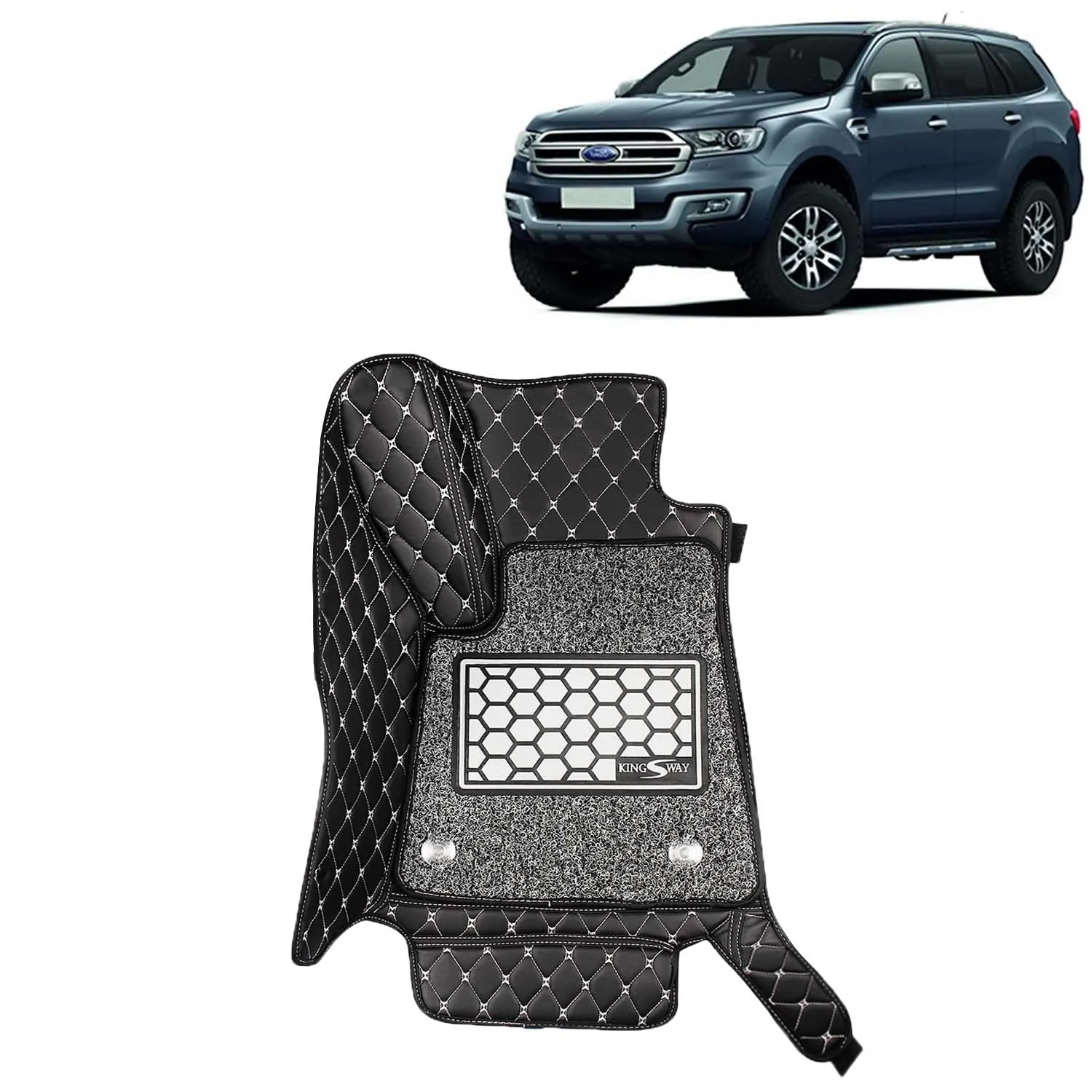 KINGSWAY® Endeavour 7D Car Mat for (Year 2015 to 2018), Compatible with Ford Endeavour Car Floor Mats, Complete Set of 4 Pieces, Top-Notch PU Leatherette 7D Foot Mats, Washable, Black