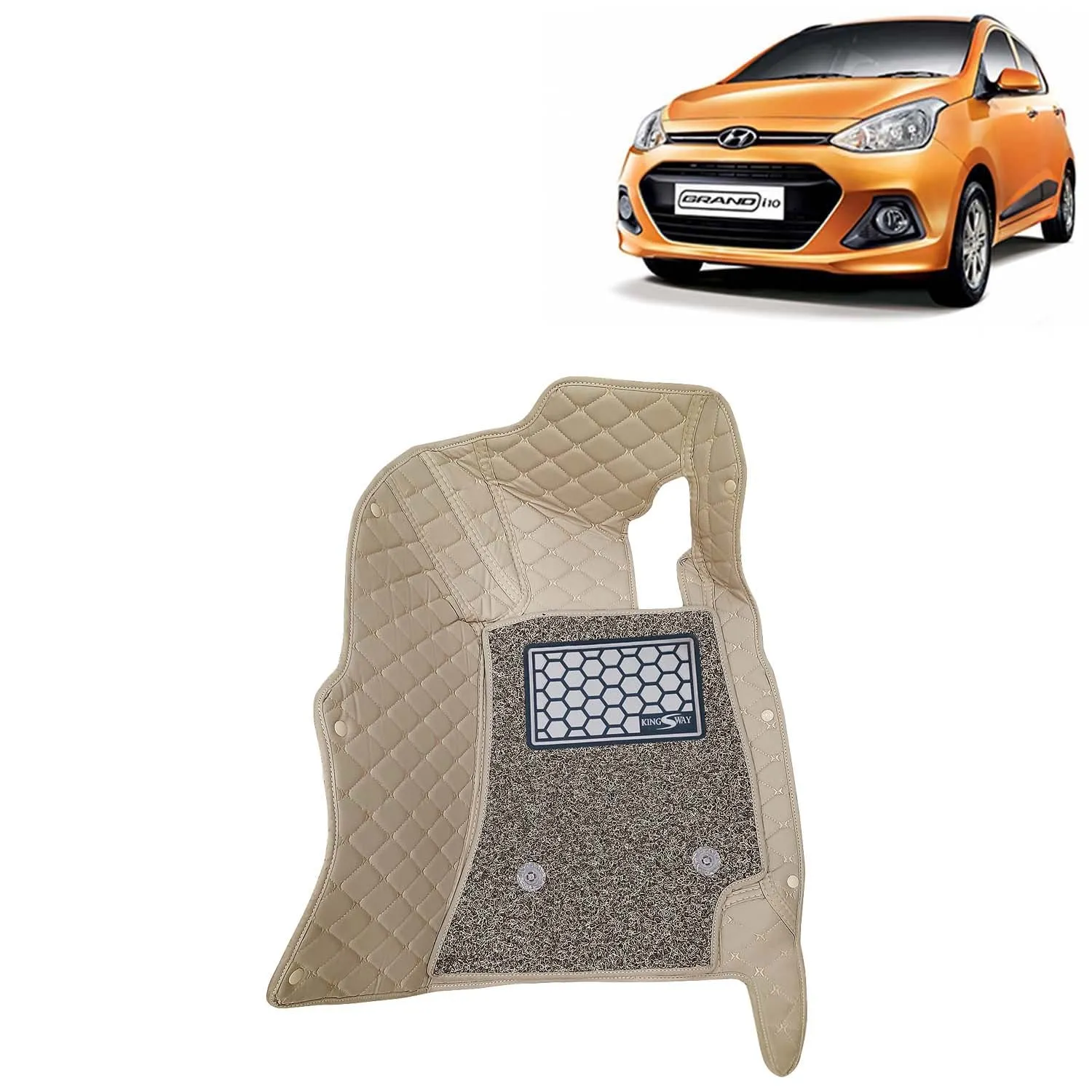 KINGSWAY® Grand I10 7D Car Mat for (Year 2013 to 2017), Compatible with Hyundai Grand I10 Car Floor Mats, Complete Set of 3 Pieces, Top-Notch PU Leatherette 7D Foot Mats, Washable, Beige