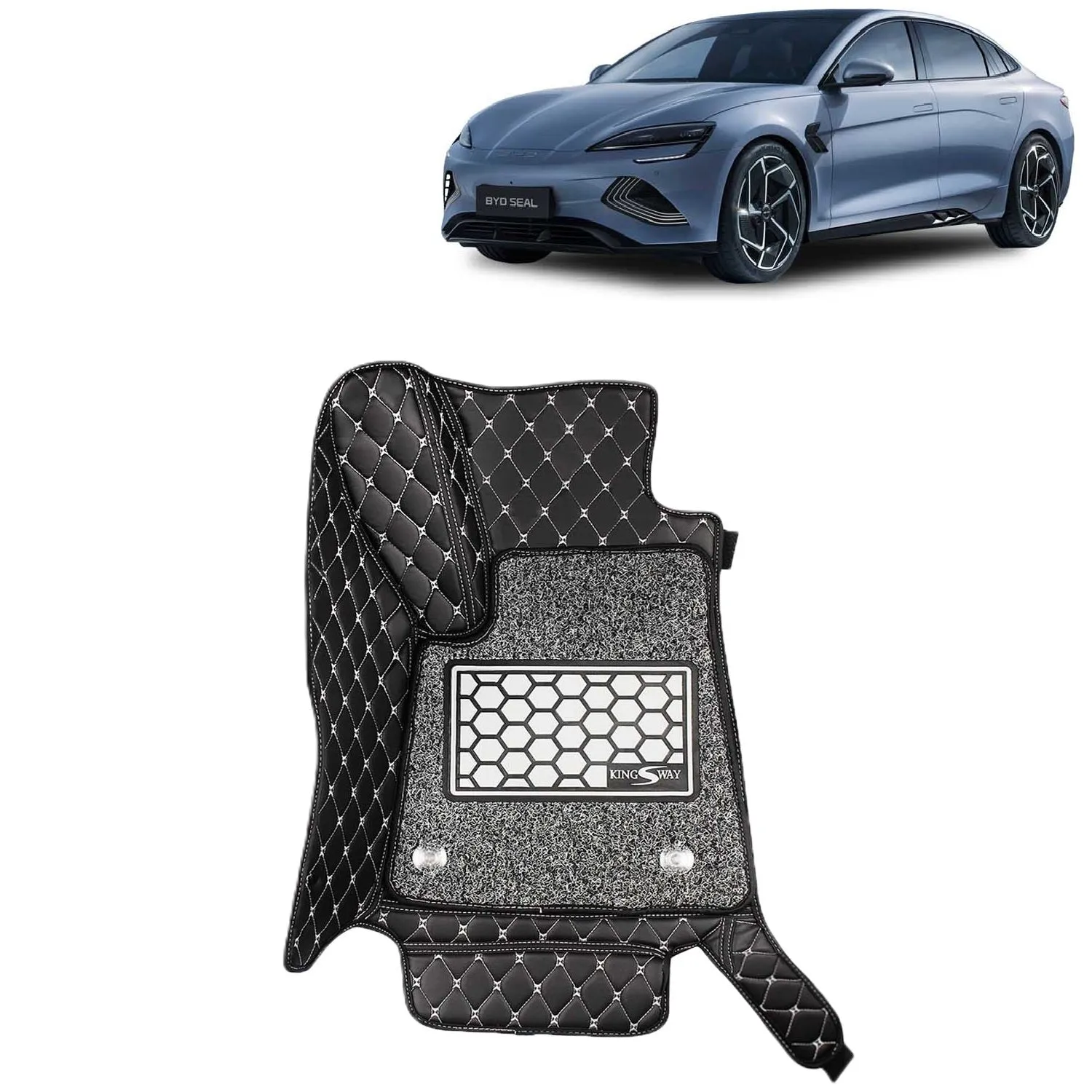 KINGSWAY® Seal 7D Car Mat for (Year 2024 Onwards), Compatible with BYD Seal Car Floor Mats, Complete Set of 3 Pieces, Top-Notch PU Leatherette 7D Foot Mats, Washable, Black